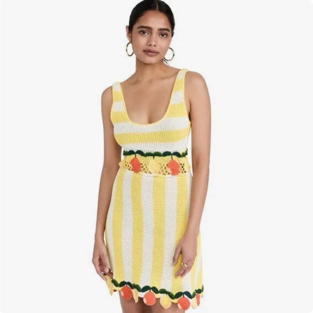 Staud Vivia Knit Embroidered Citrus Wallflower Stripe Crochet Dress